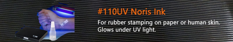 Noris #110UV Endorsing Ink • Rubber stamp ink for marking UV prints on uncoated paper and human skin. It glows/shines under UV light (370nm).